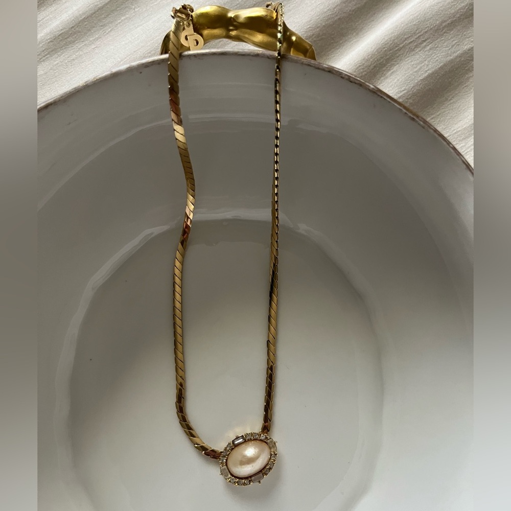 Dior Vintage Gold Necklace with Faux Pearl